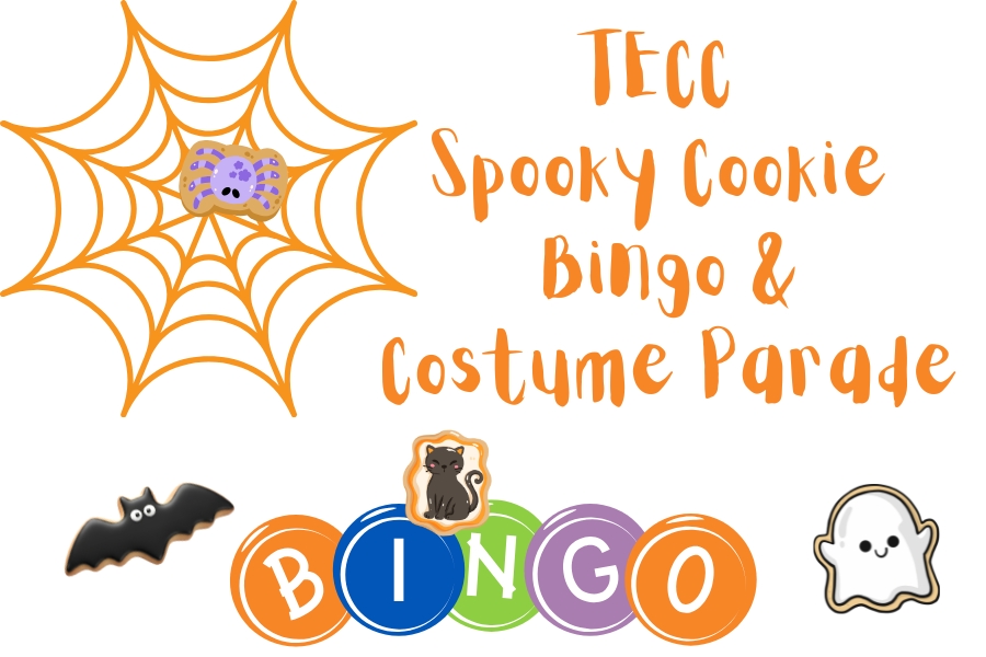 cartoon spider and web, bat, ghost